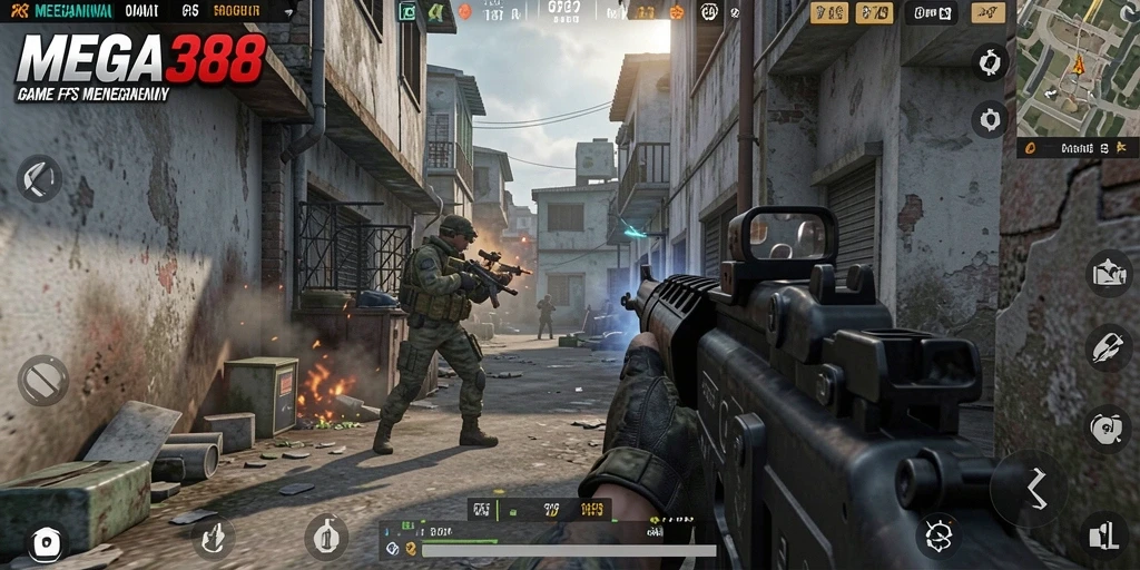 Tangkapan layar dari MEGA388 menunjukkan momen menegangkan dalam gameplay FPS.